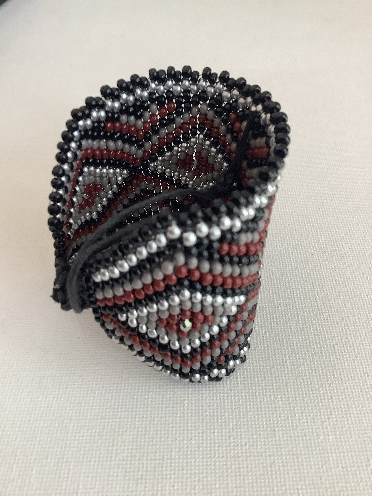 Handmade Beadweaving Bracelet Red Black Silver