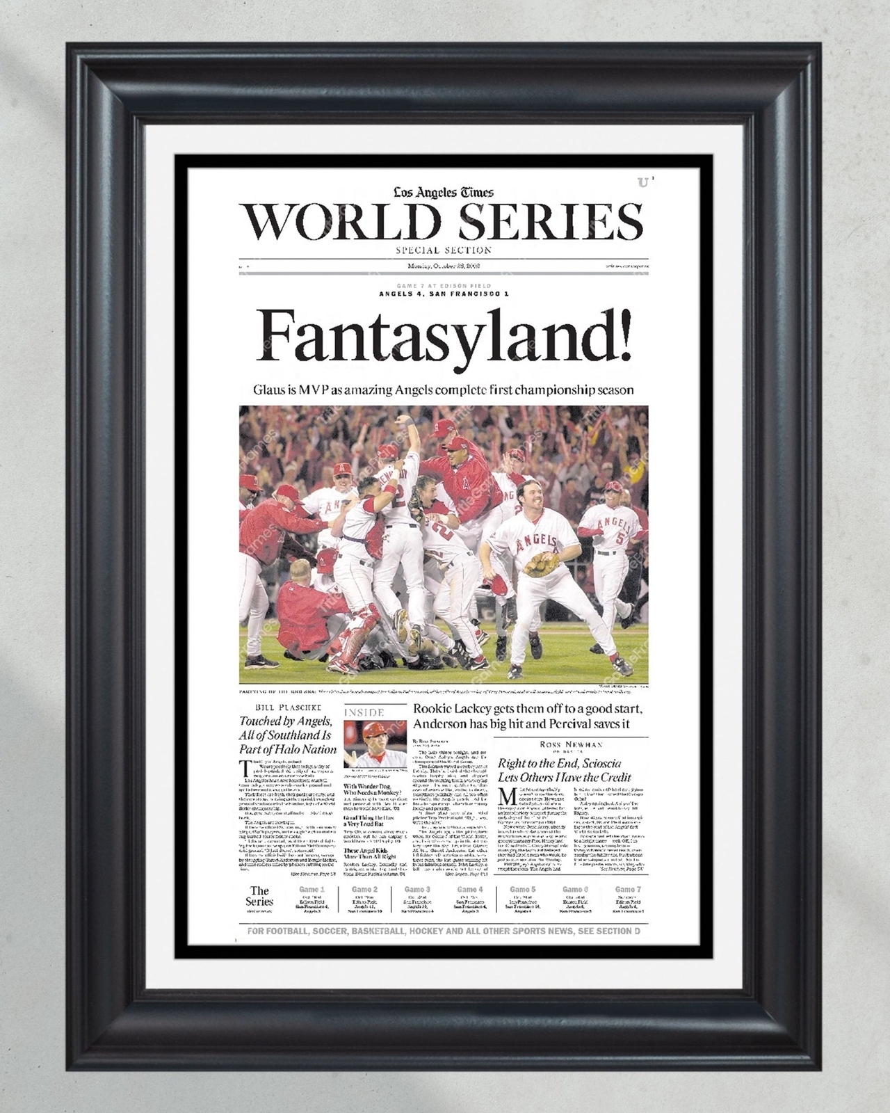 2002 Anaheim Angels World Series Champion Framed Newspaper Front Page Print