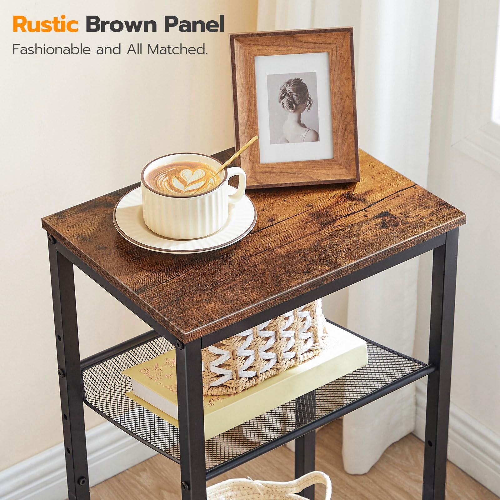 HOOBRO Side Table, Industrial End Telephone Table with Adjustable Mesh Shelves,