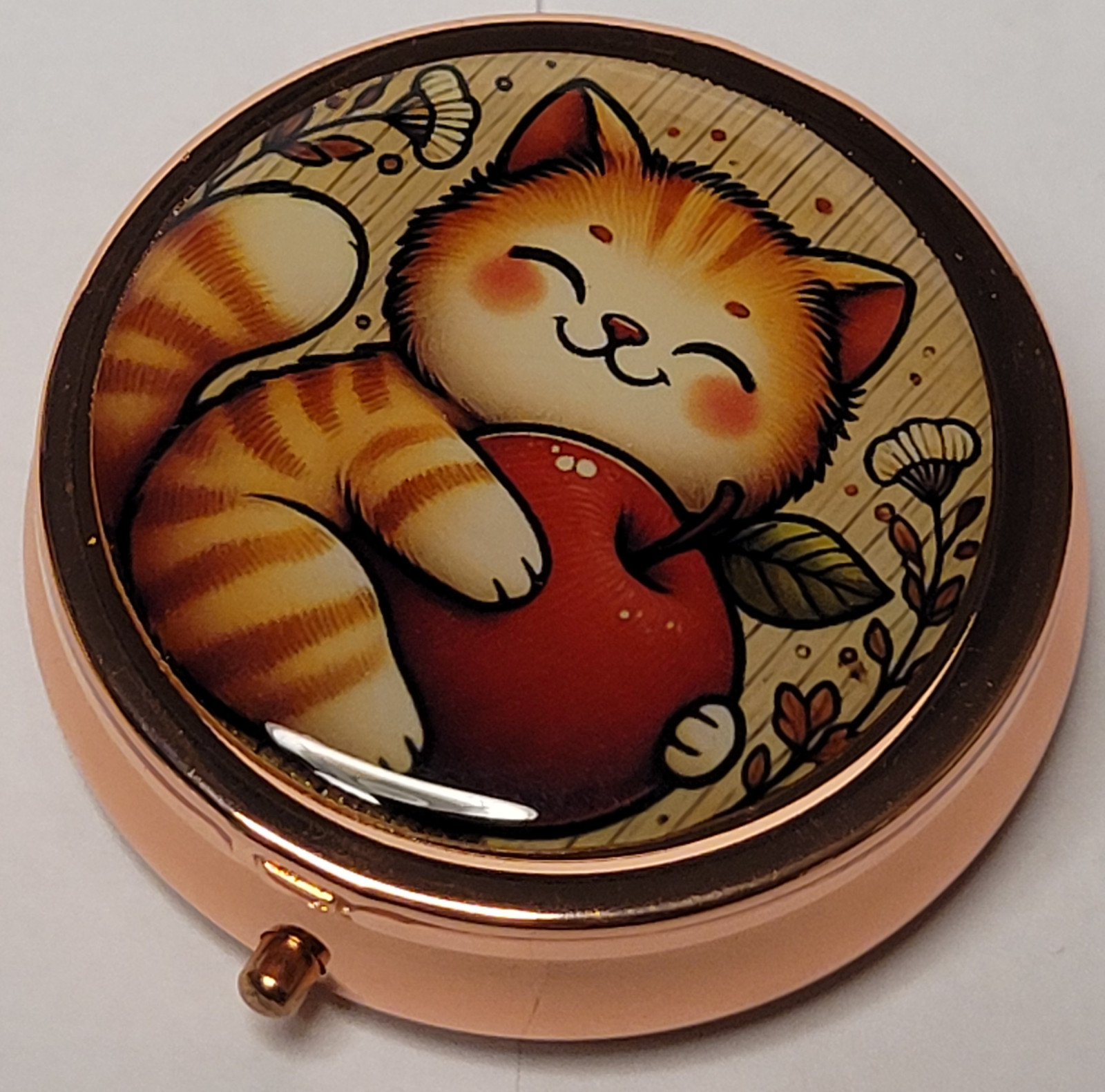 Medicine Pill Box Cat holding apple - round 3 compartment - rose gold finish
