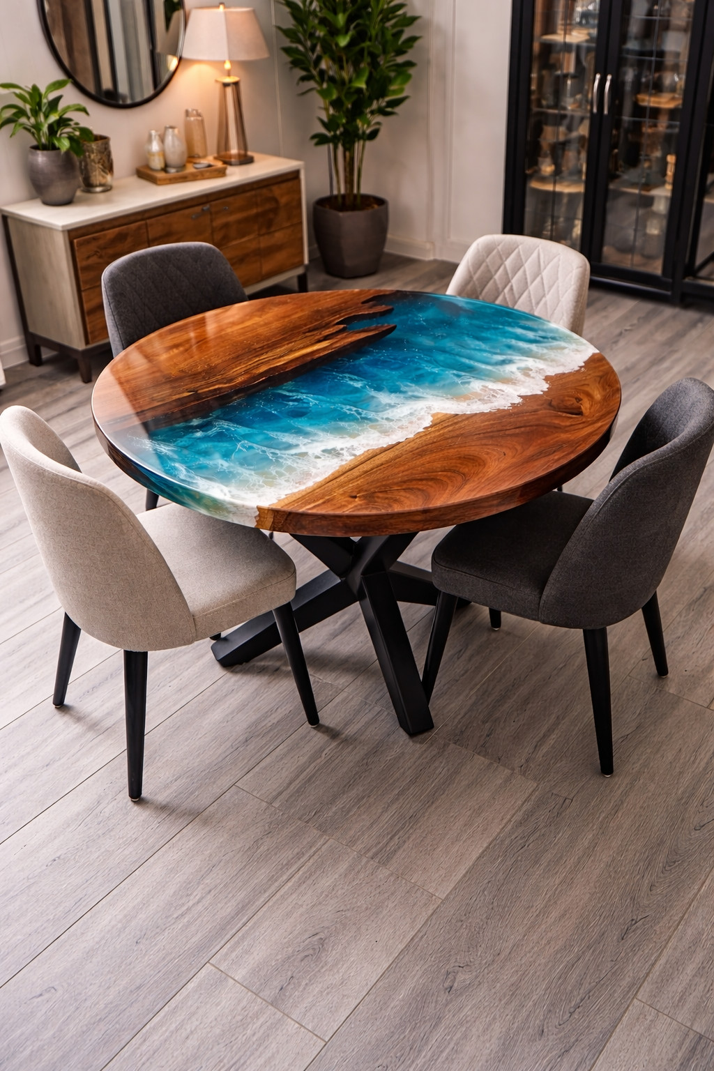 Round Ocean Epoxy River Dining Table | Live Edge Wood Table | Handmade  18X18