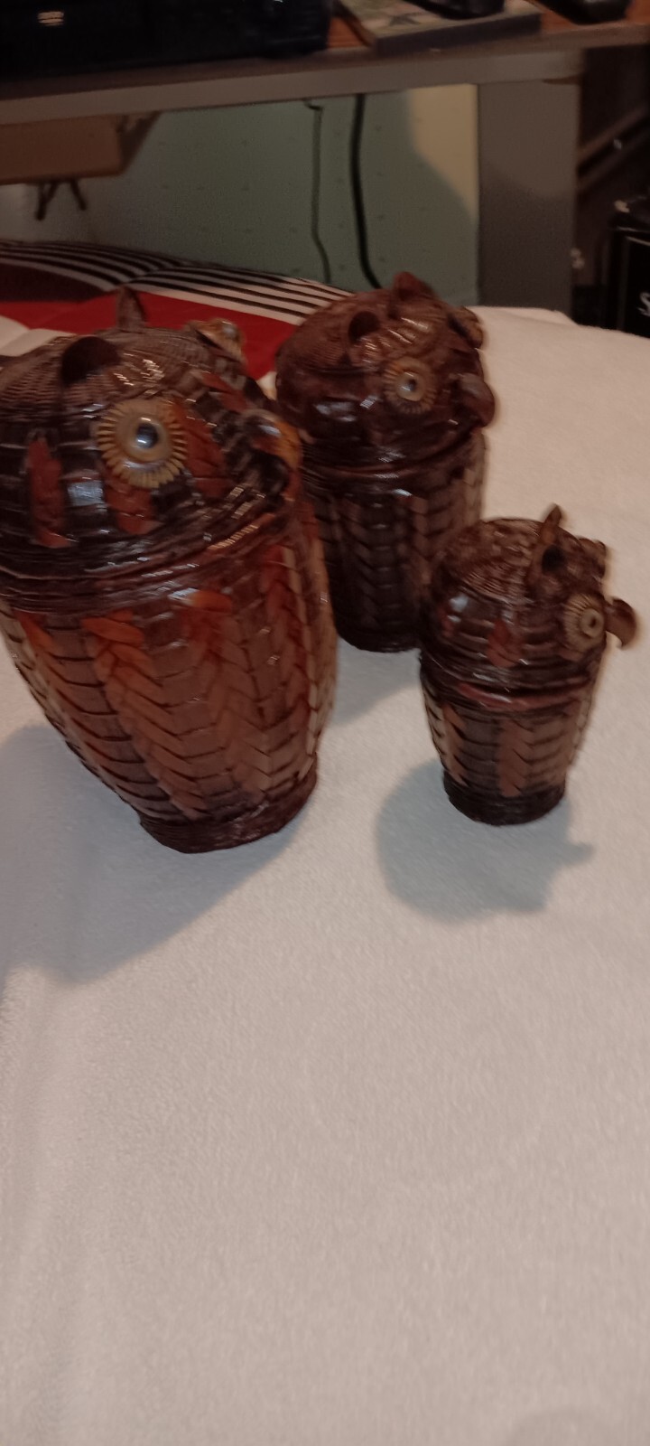 Vintage Owl Nesting Wicker Ratan Baskets LARGE Decor Set