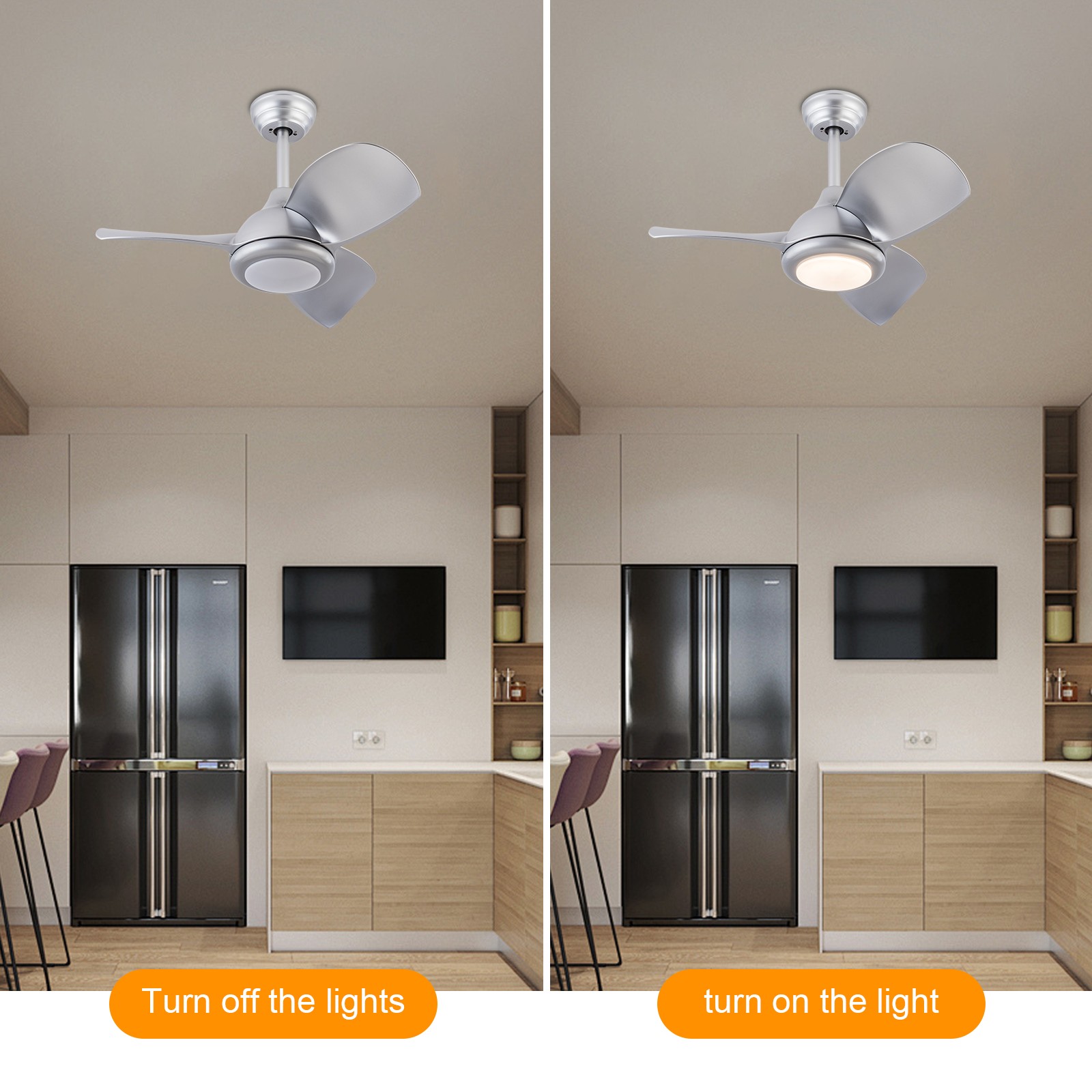 30 Inch Silver Ceiling Fan with Light & Remote Control , 3 Blades Design New