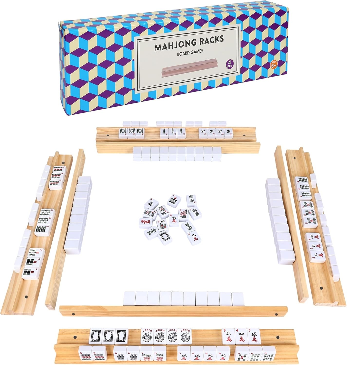 Upgraded Mahjong Racks with Pushers, Set of 4 Trays for American Mahjong Game...