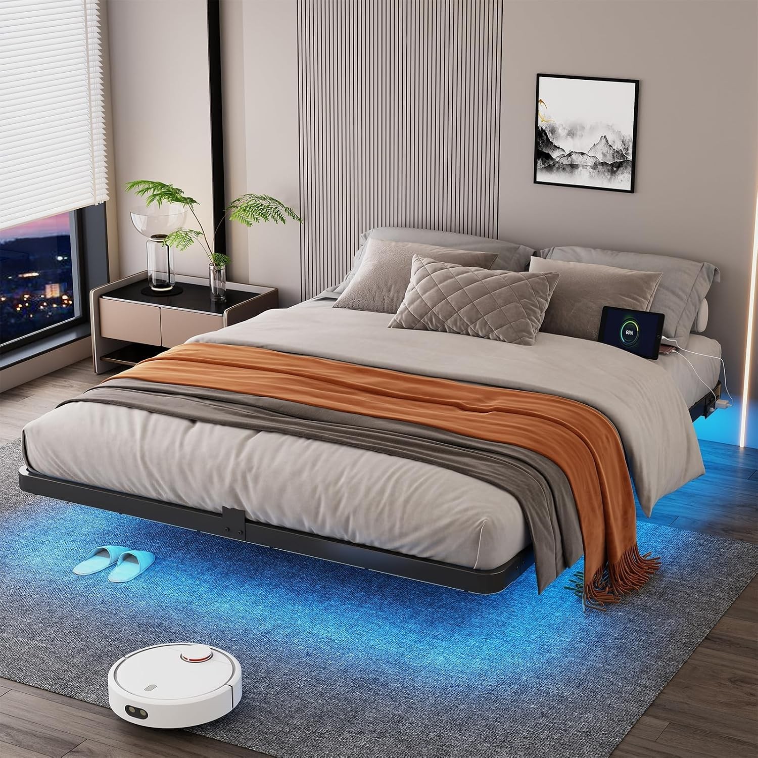 Queen Size Floating Platform Bed Frame with Smart RGB LED Lights & Charging
