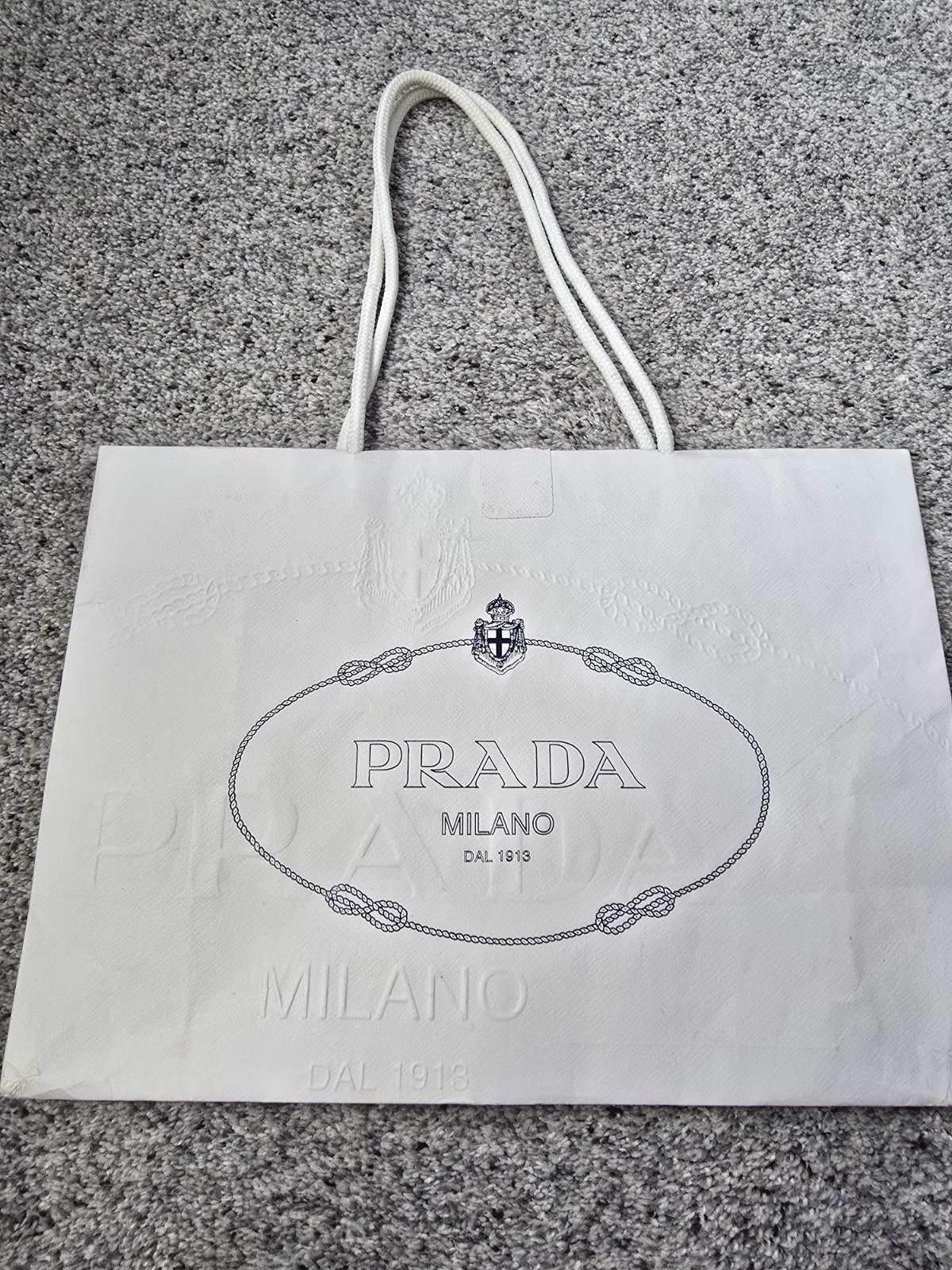 Prada White Navy Empty Paper Gift Bag Medium 10” x 14" Used Condition