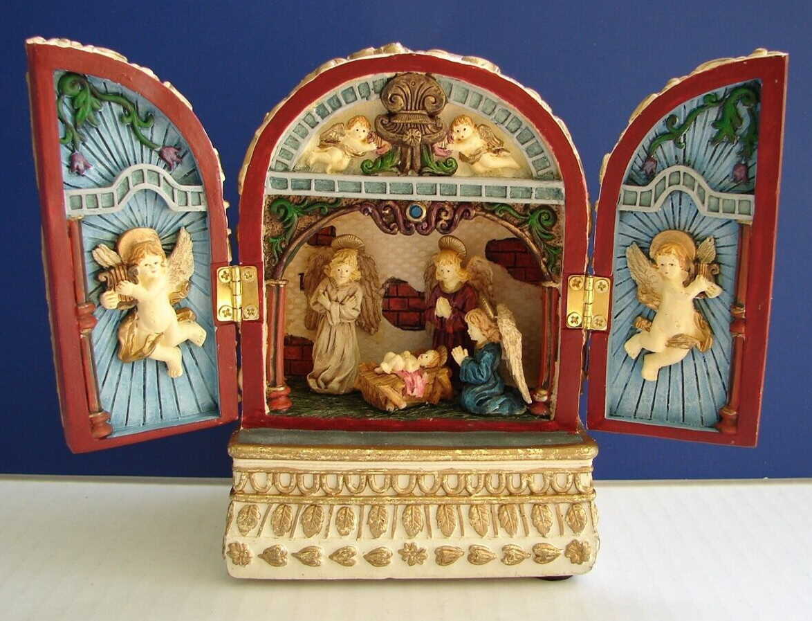 Rare Vtg Nativity Scene Shadow Box Gold Accents 6 1/4" x 4 1/2" Music box