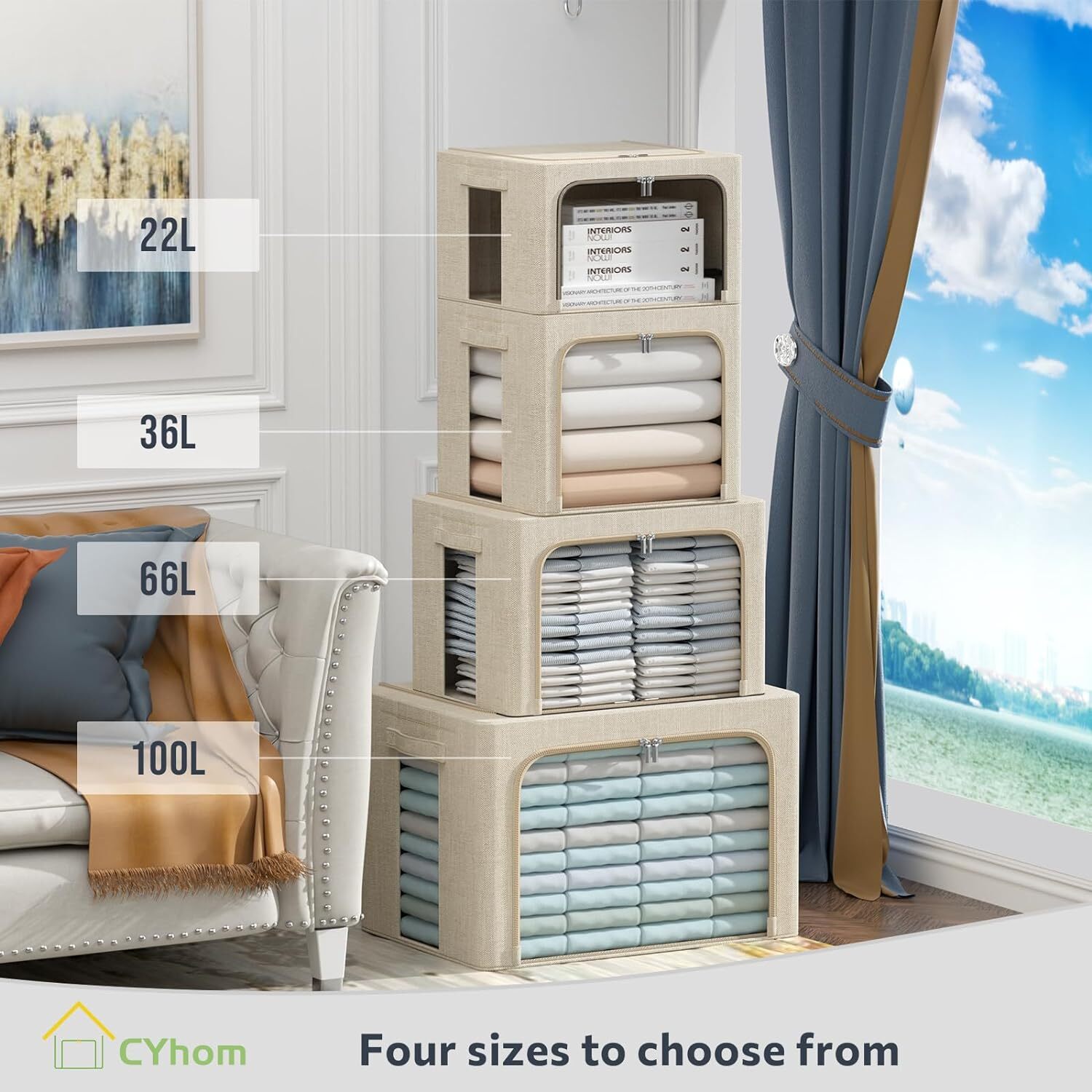 3Pack Foldable Storage Bins - Frame Box Linen Medium-36L, Beige