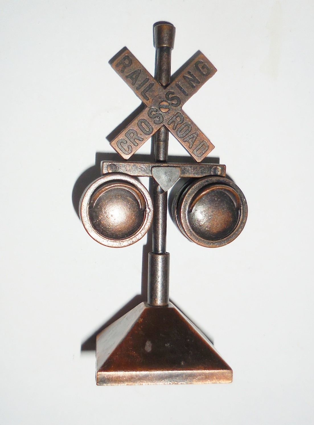 VINTAGE COPPER FIGURINE PENCIL SHARPENER RAILROAD CROSSING DESIGN