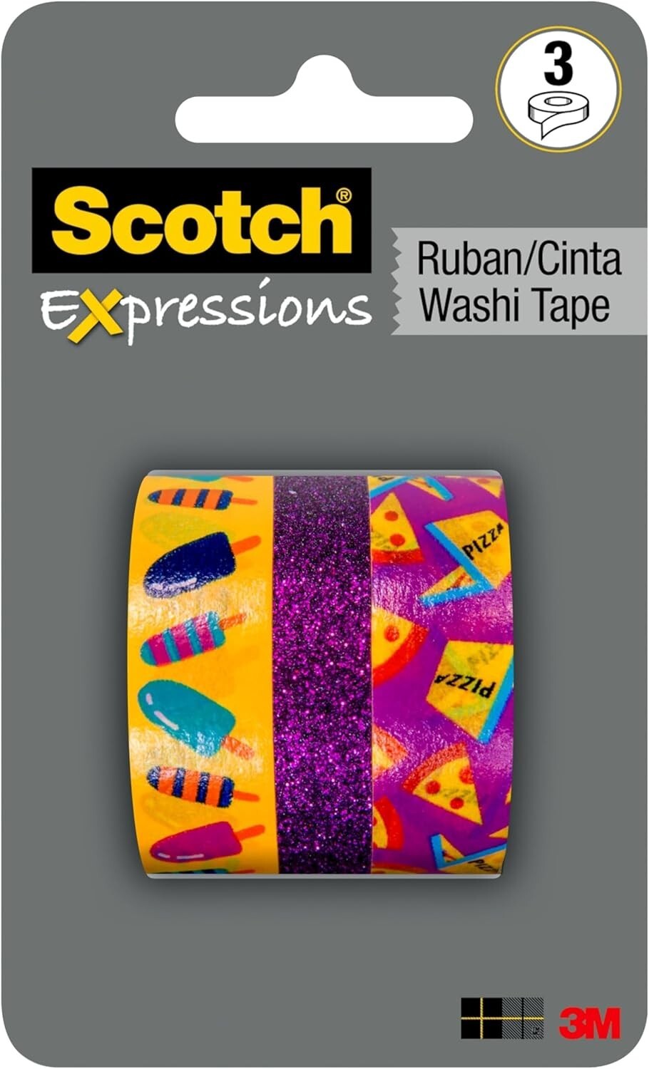 Scotch Expressions Washi Tape Yellow Purple Glitter Popsicles Pizza 3 Pack