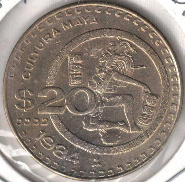1984 Mexico Uncirculated 20 Pesos Maya Figure with headdress Coin!