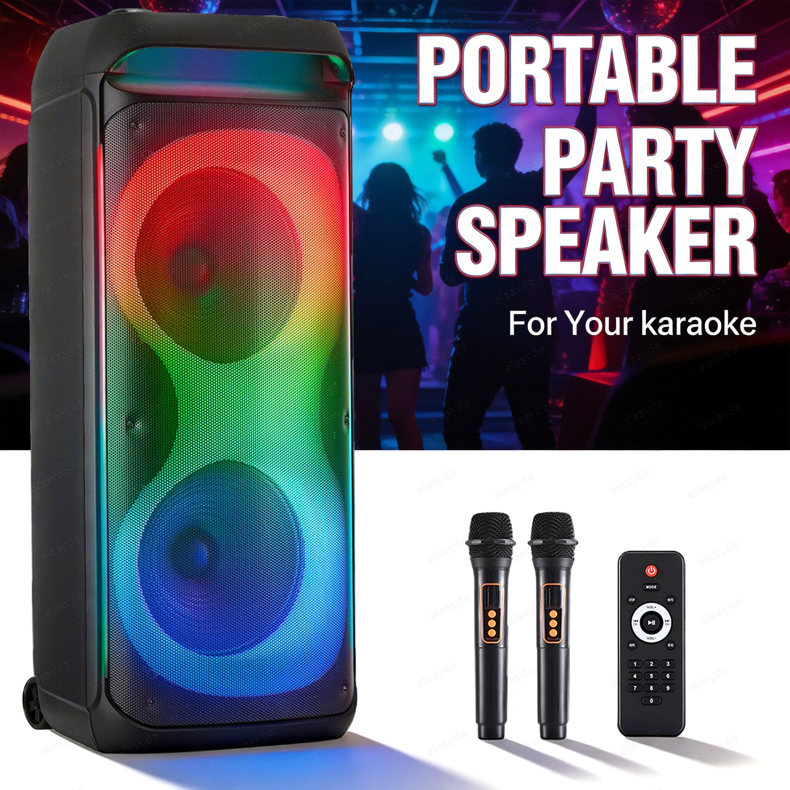 Dual 10" /12" Woofer Bluetooth Party Speaker with Mics LED Lights TWS FM USB AUX