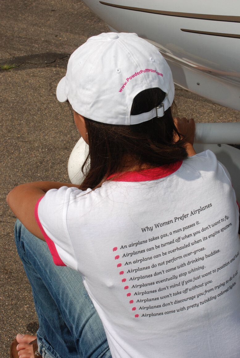 New Women’s S Ringer T-Shirt, “Why Women Prefer Airplanes”, white, 100% cotton