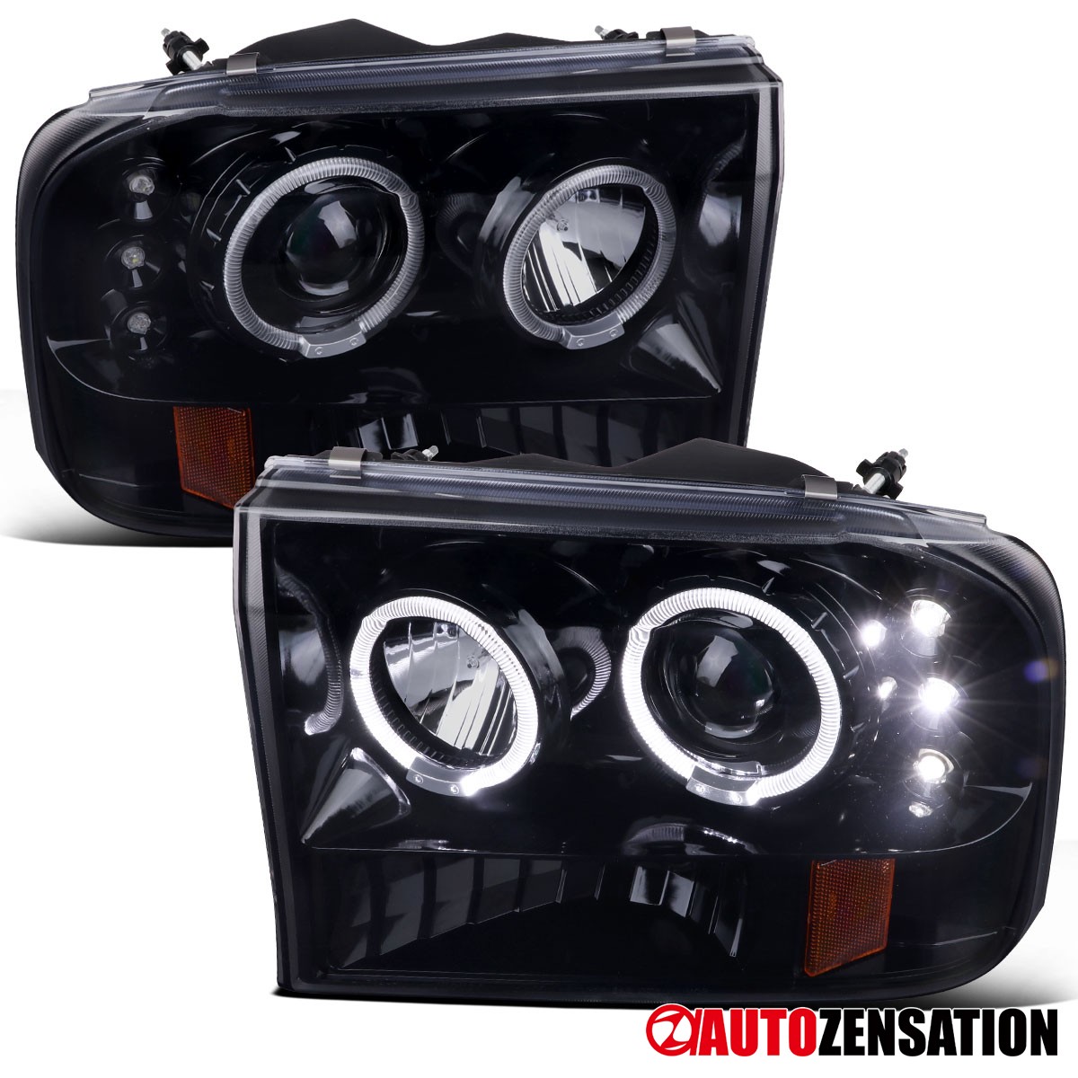 Fit 1999-2004 Ford F250 F350 F450 Black Smoke LED Halo Projector Headlights Lamp