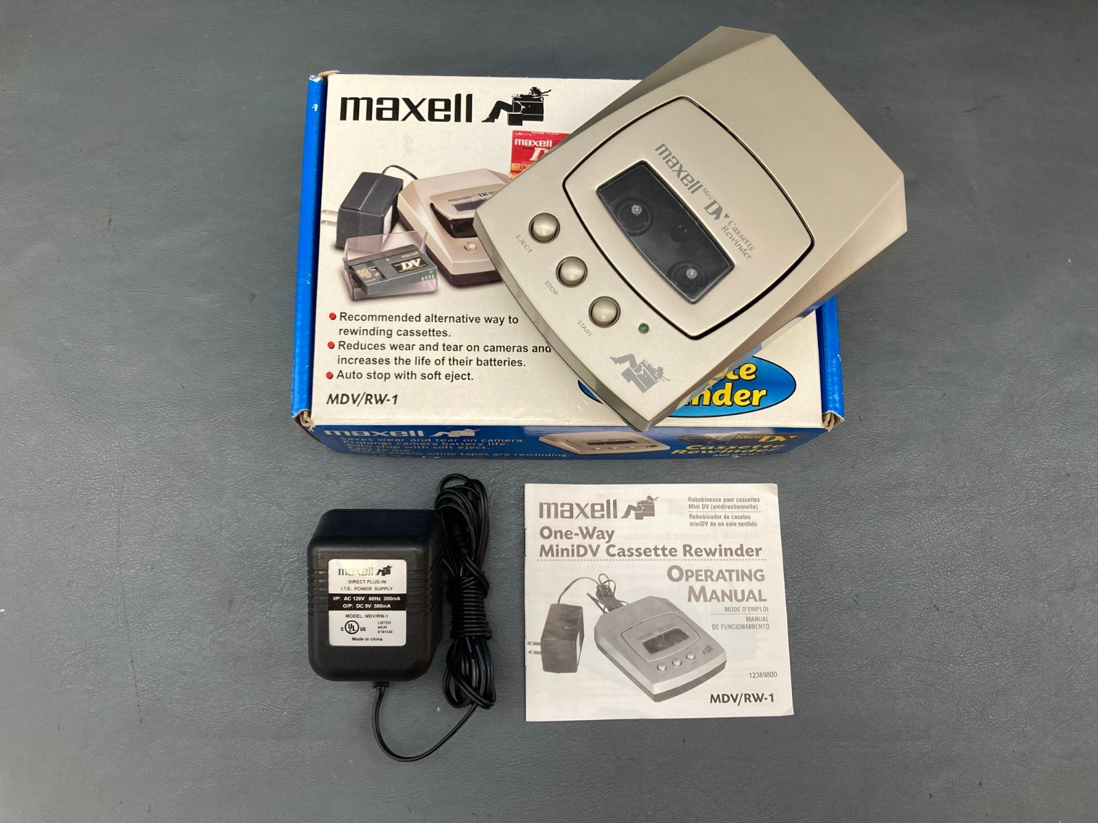 Maxell MDV/RW-1 MiniDV Cassette Rewinder Deck with AC Adapter, Manual, Box