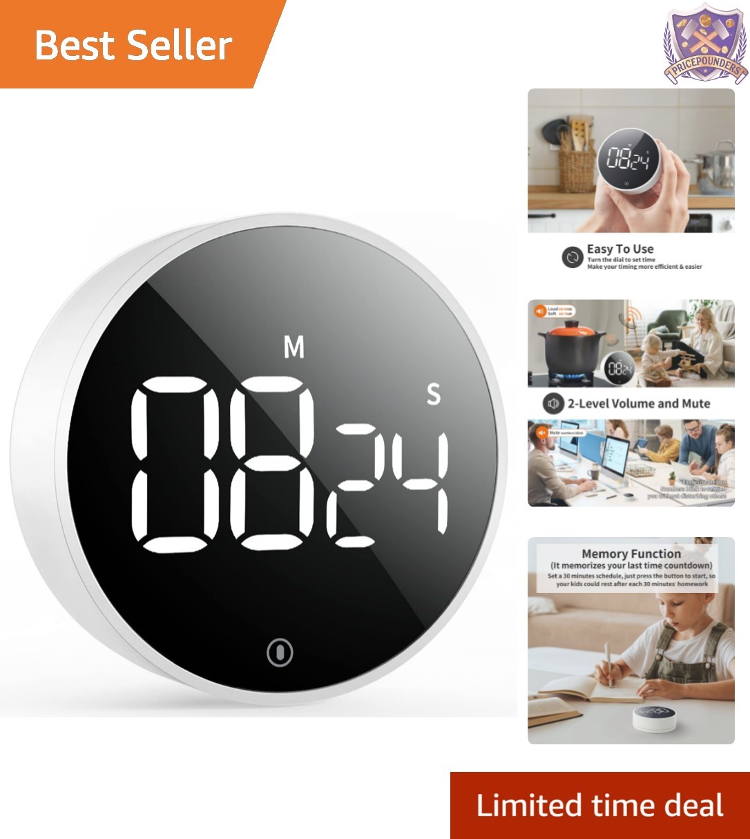 High-Quality Magnetic Kitchen Timer with Adjustable Alarms & Brightness Levels