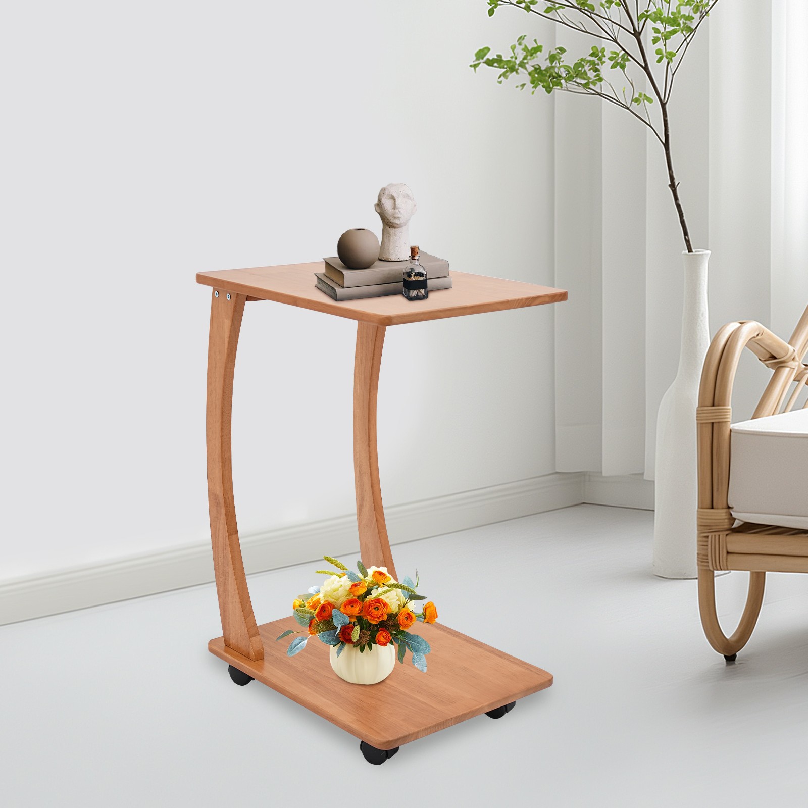 Solid Wood End Table With Rolling Wheels, C Shaped Side Table, Tv Tray Table