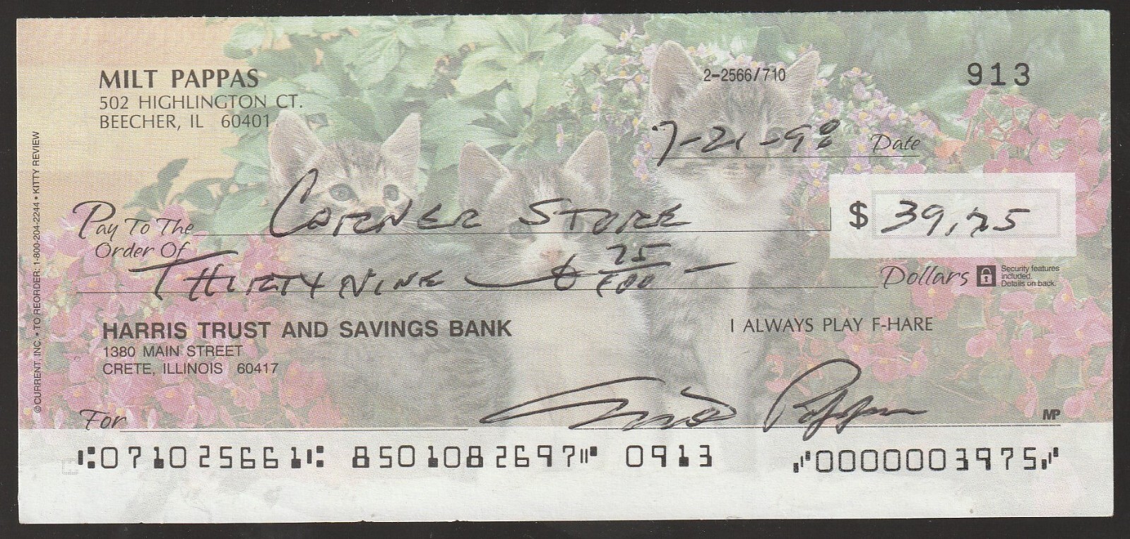 Milt Pappas autograph signed personal check CUBS ORIOLES