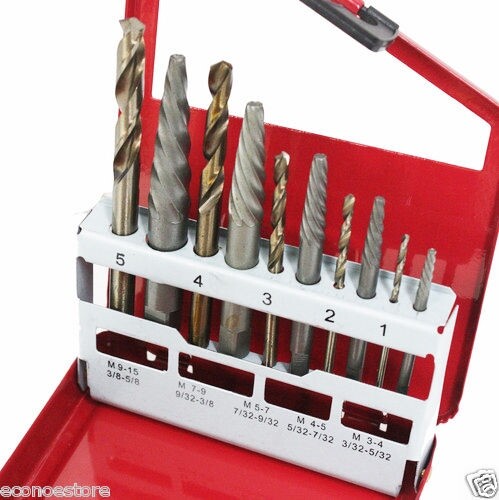 RIGHT HAND 10 PC STEEL SCREW EXTRACTOR DRILL BITS W/ METAL BOX #93189