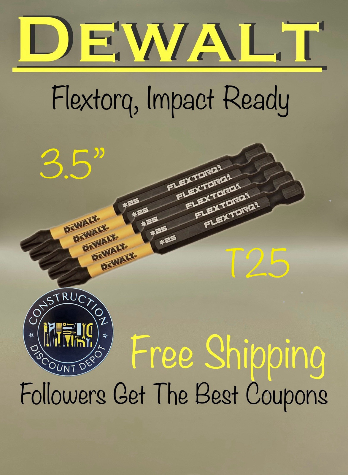 Lot of 5 DeWalt FlexTorq 3-1/2"  T-25 Torx  Power Impact Bit T25