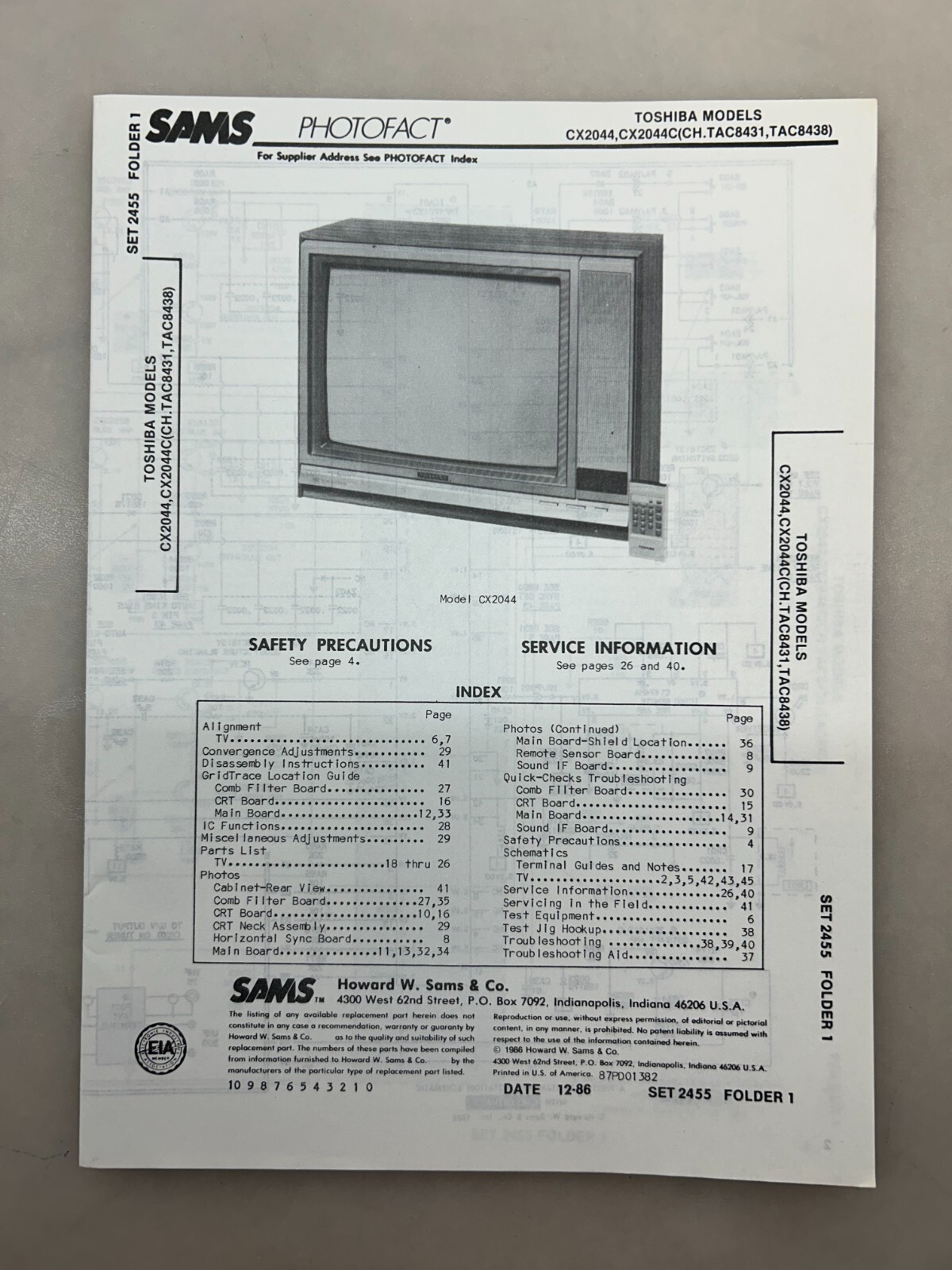 Toshiba CX2044 Service Manual Sams Photofact Free Shipping