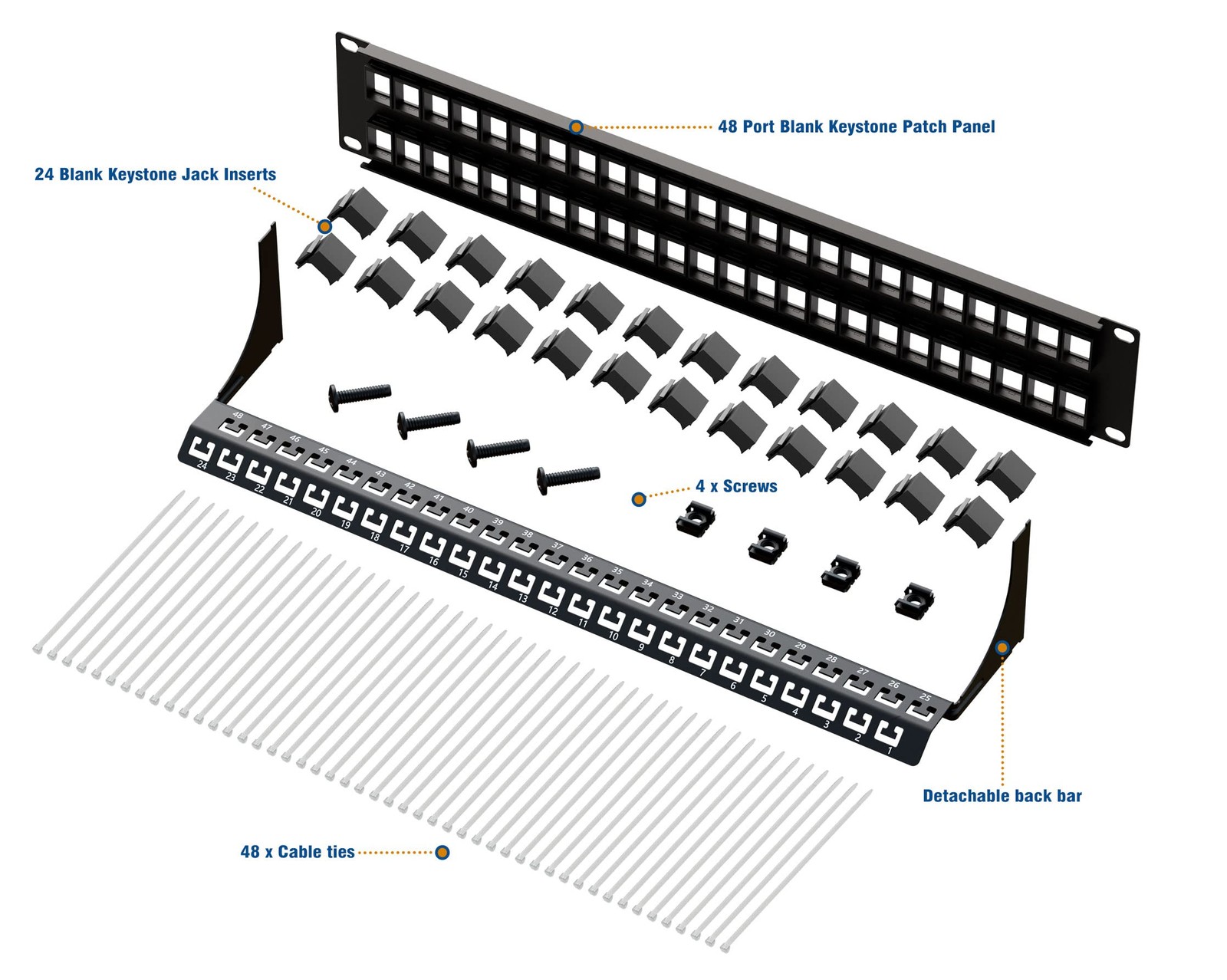 48 Port Blank Keystone Patch Panel Wall Mount Bracket Vertical Horizontal
