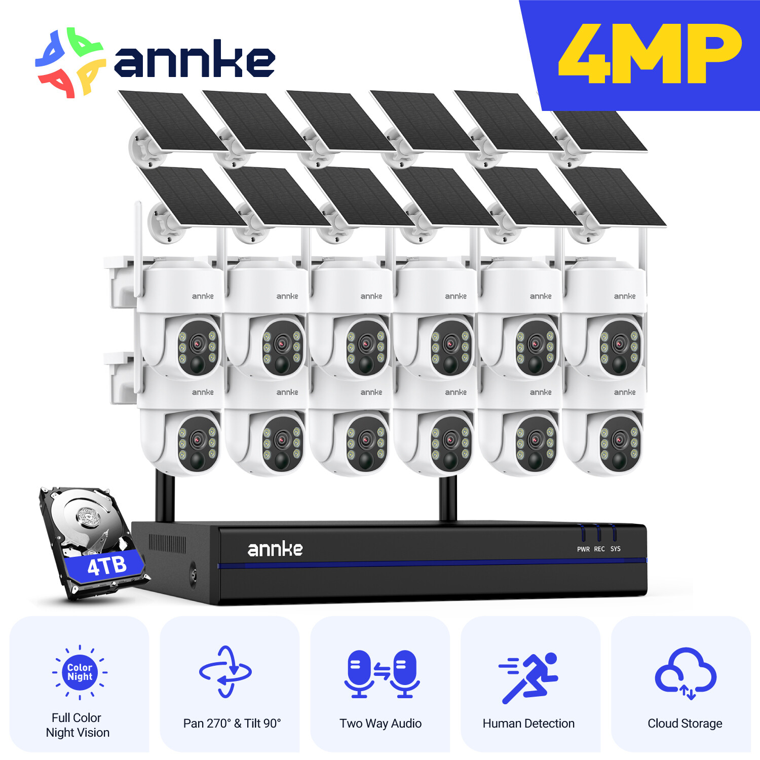 ANNKE 4MP Wireless Solar Battery PT Color Security Camera System Two Way Audio