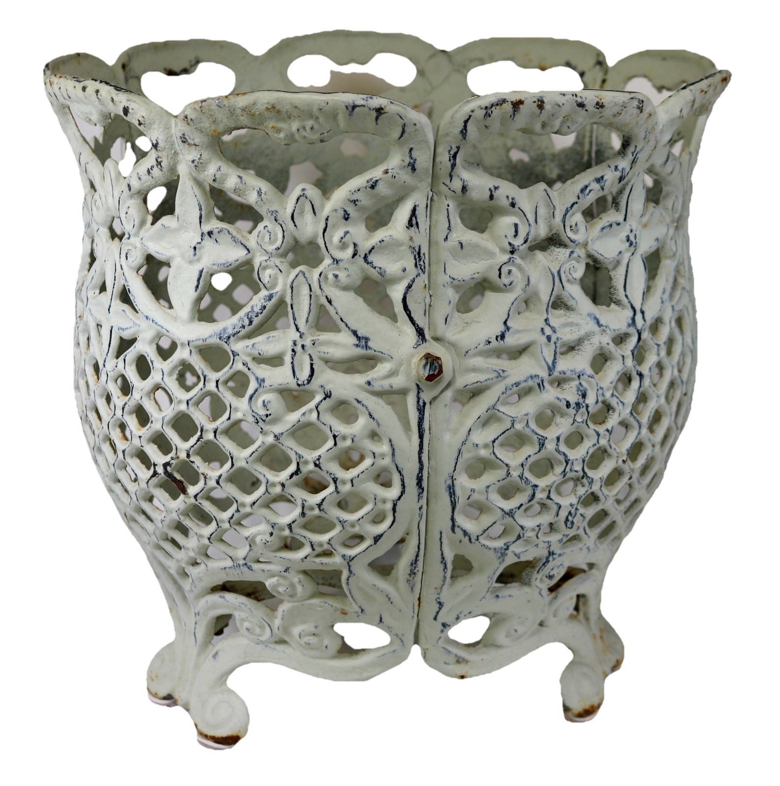 Large Vintage Painted Cast Iron Victorian Style Open Lacework Planter 12.5" Dia