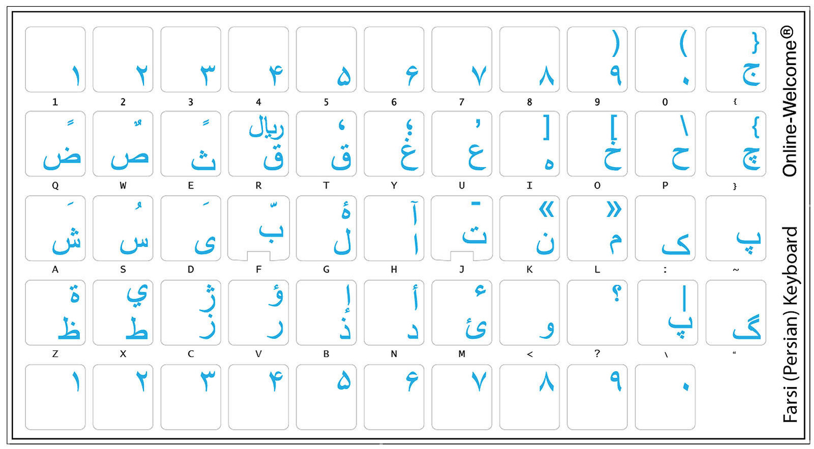 FARSI-PERSIAN KEYBOARD STICKER TRANSPARENT BLUE LETTERS NEW