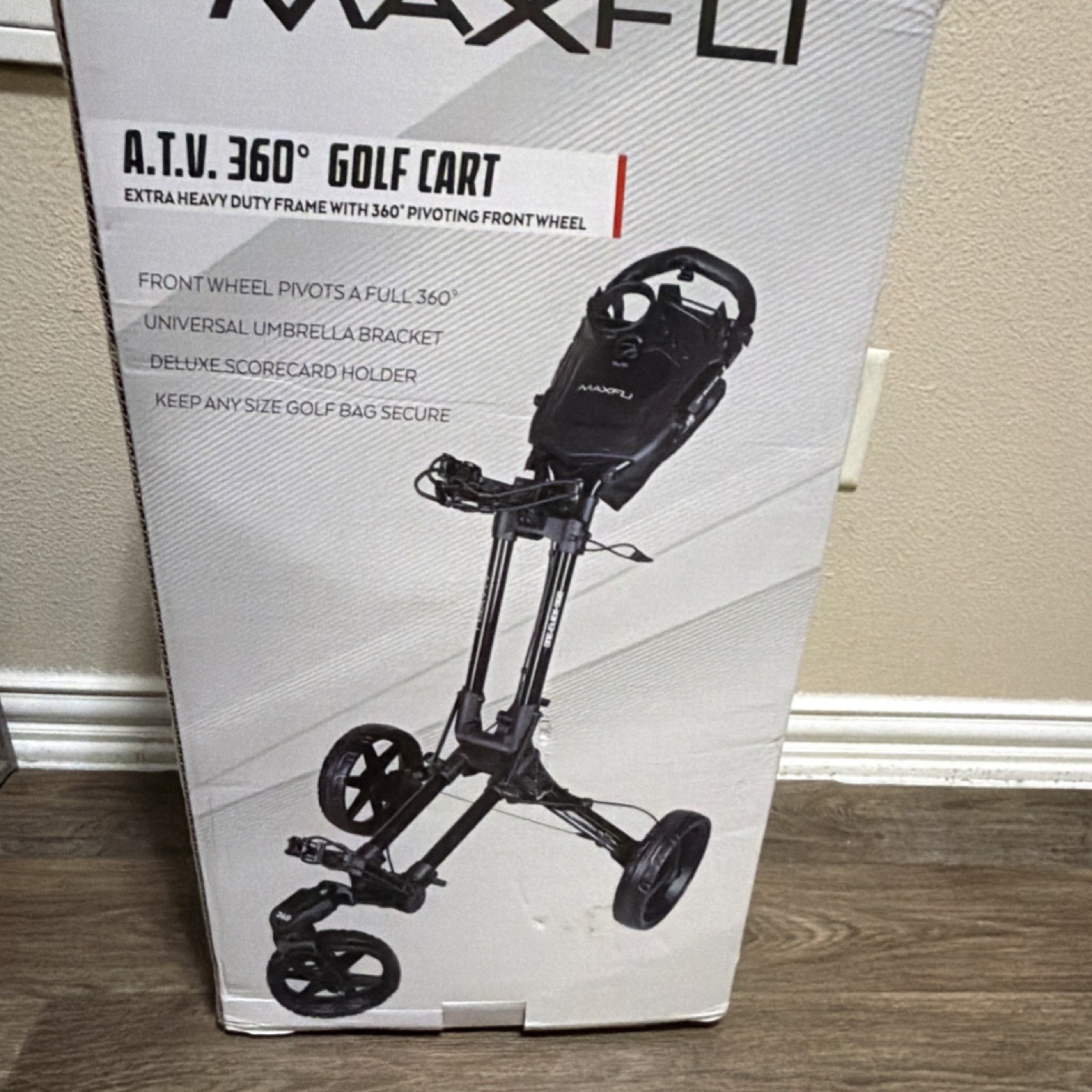 MAXFLI A.T.V. 360° Golf Push Cart Black Pivoting Front Wheel Umbrella Bracket