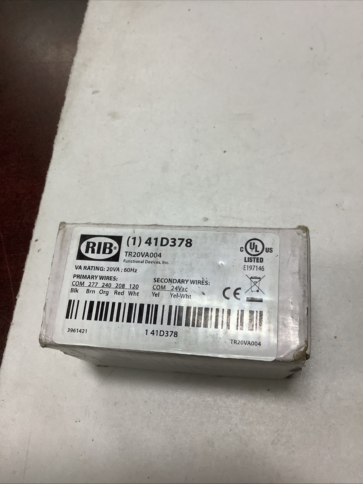 FUNCTIONAL DEVICES RIB 41D378 TR20VA004 TRANSFORMER 20VA 60HZ