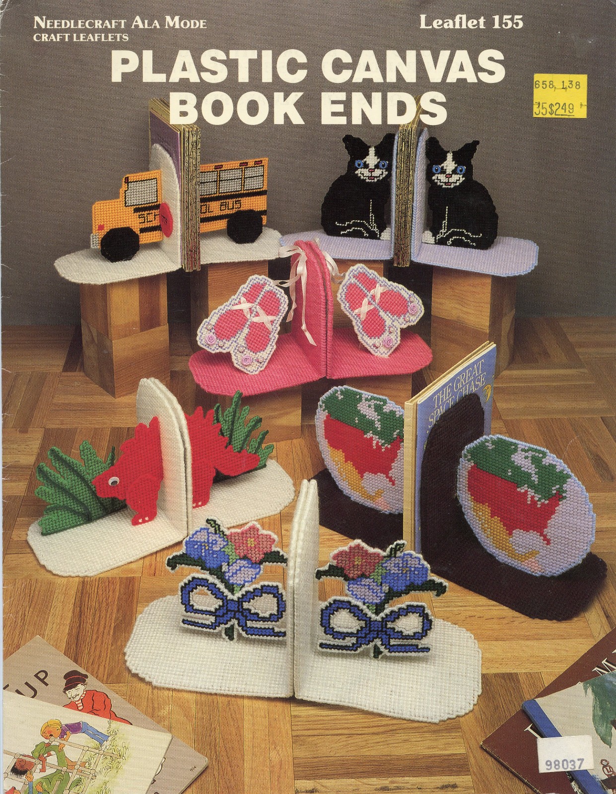 Plastic Canvas Bookends Needlecraft Ala Mode Leaflet 155 Cats Dinosaur Bus Globe