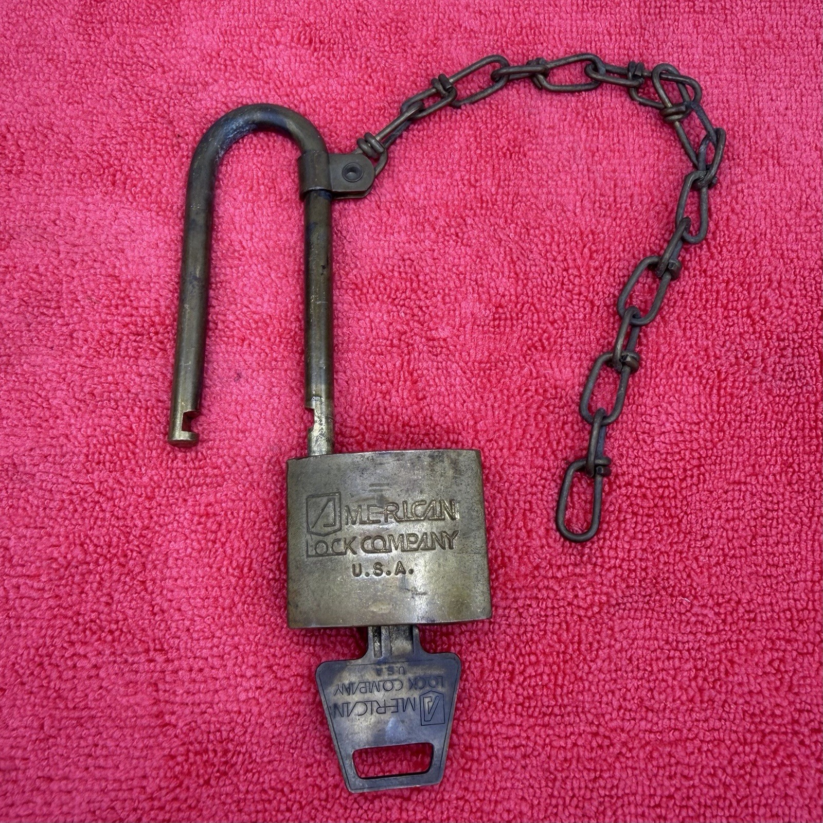 Vintage U.S. Military Brass Padlock , Chain & Key American Lock Co. USA 6460H