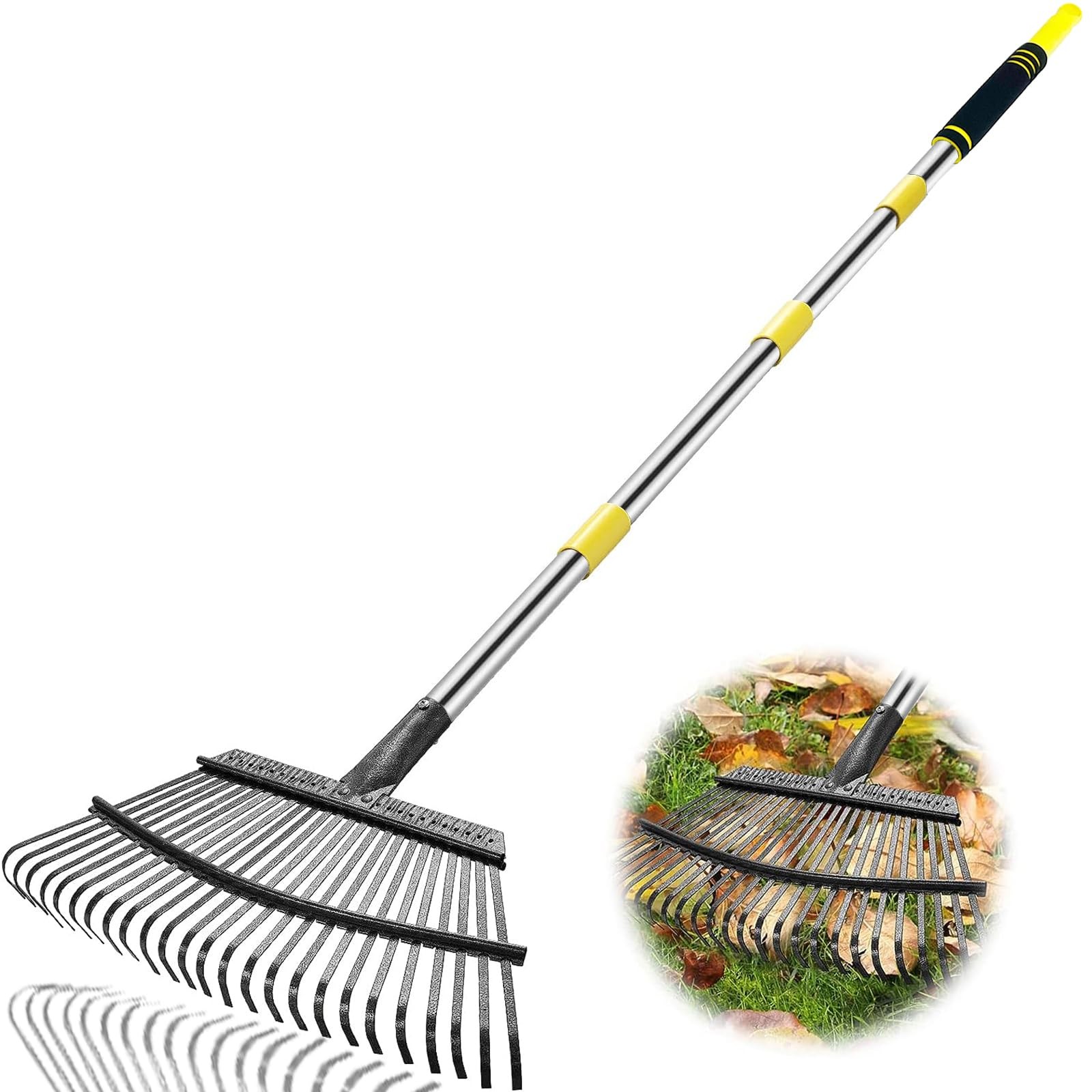 Yellow 6 FT Adjustable Stainless Steel Handle Heavy Duty 25 Tines Leaf Rake