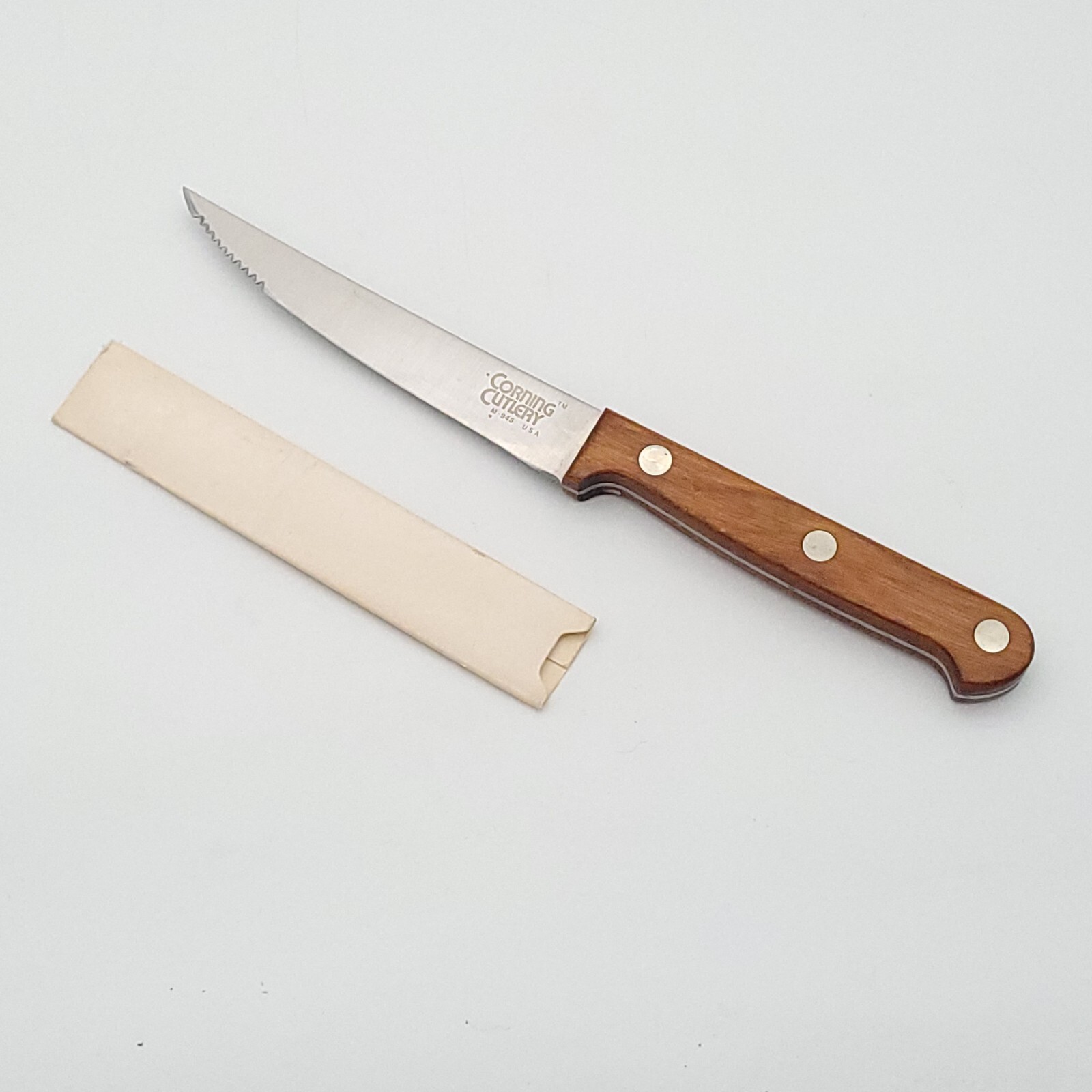 Corning Cutlery M-945 Stainless 4.25" Blade Steak Knife Wood Handle, USA Vintage