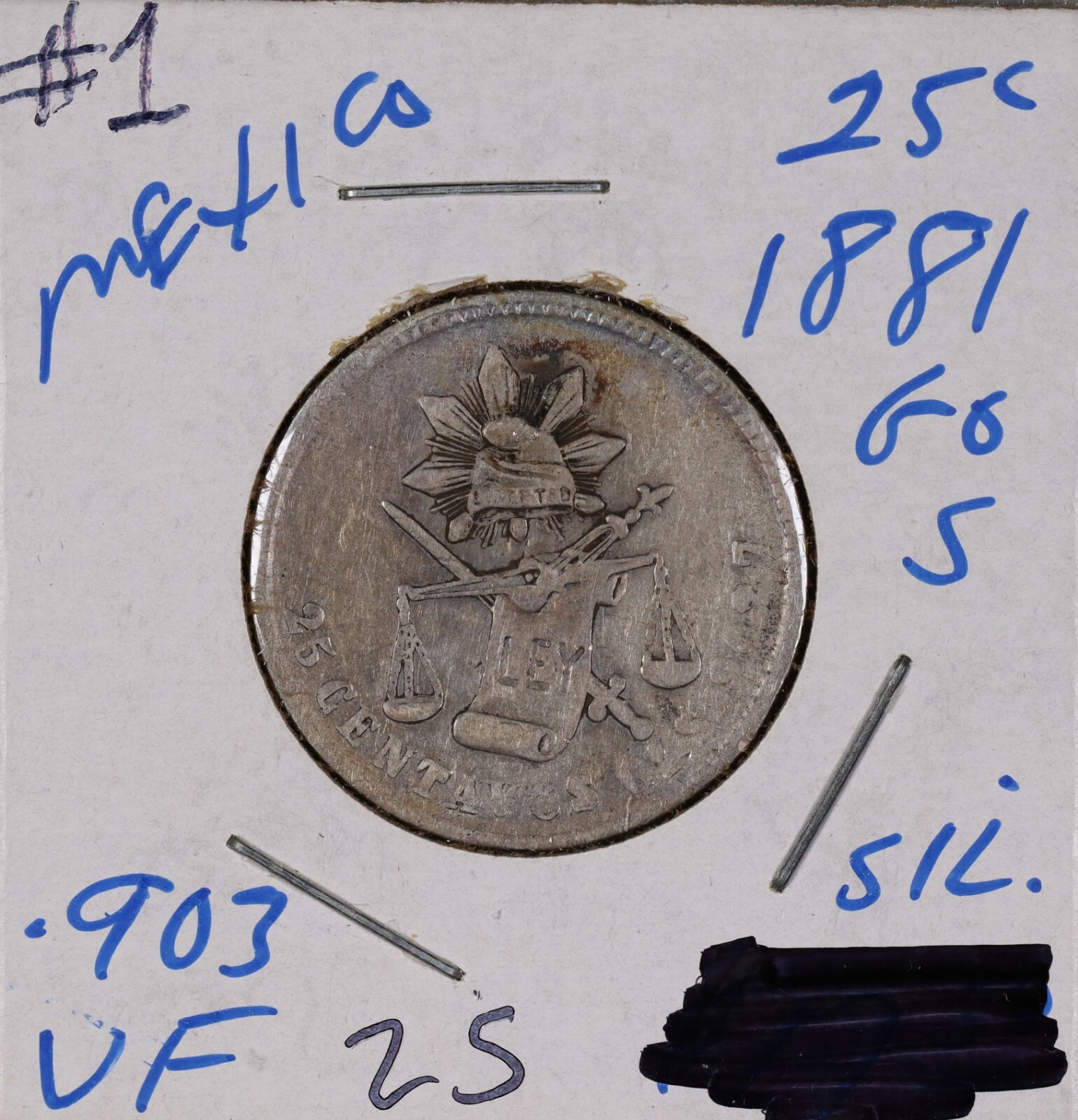 1881 Go S Mexico 25 Centavos Silver Coin #1