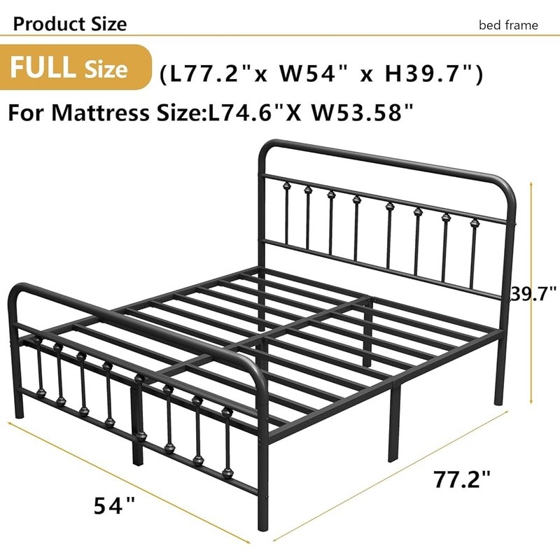 Metal Bed Frame Full Size w/ Headboard Structurally Stable Steel Slat Supported