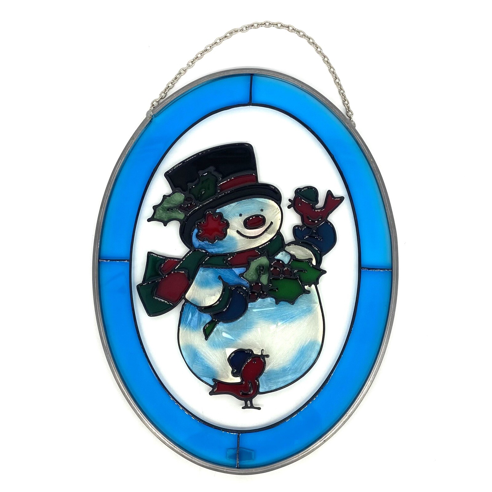 Joan Baker Hand Painted Hanging Suncatcher Stained Glass Snowman Oval