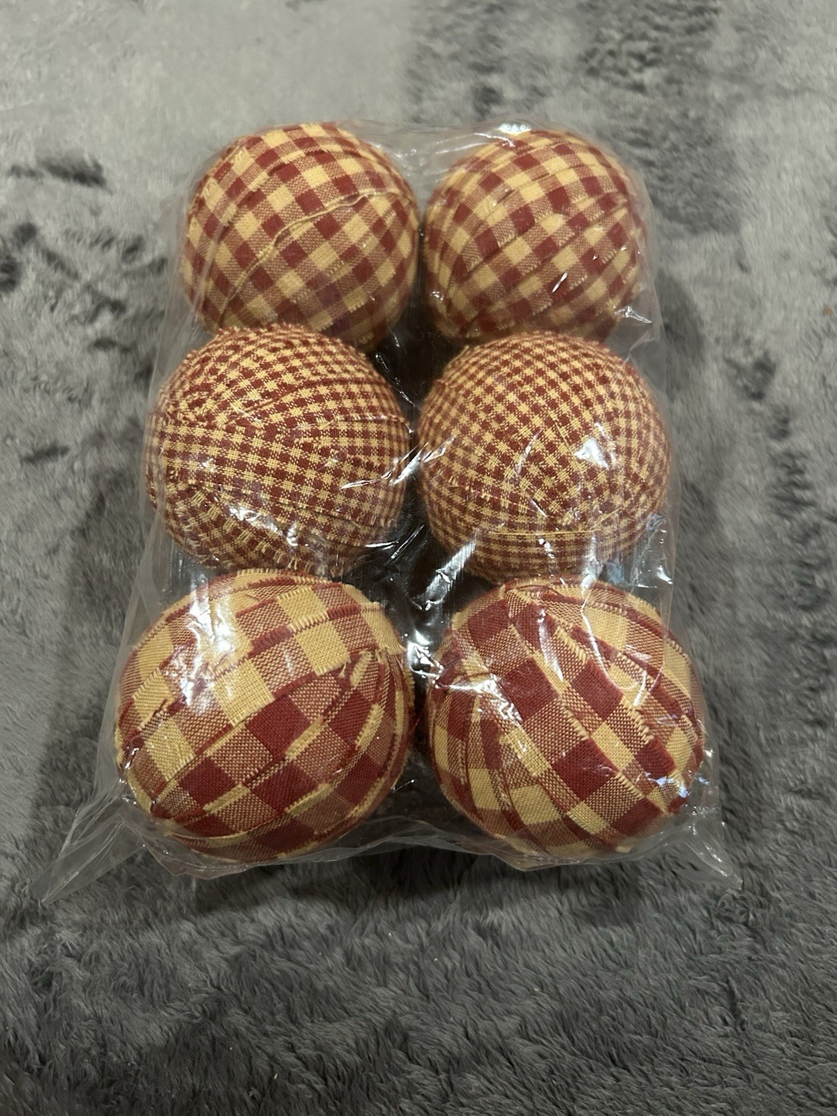 Burgundy Gingham Rag Ball Set Of 6 2.25” Diameter Bowl Filler Country Prim Decor