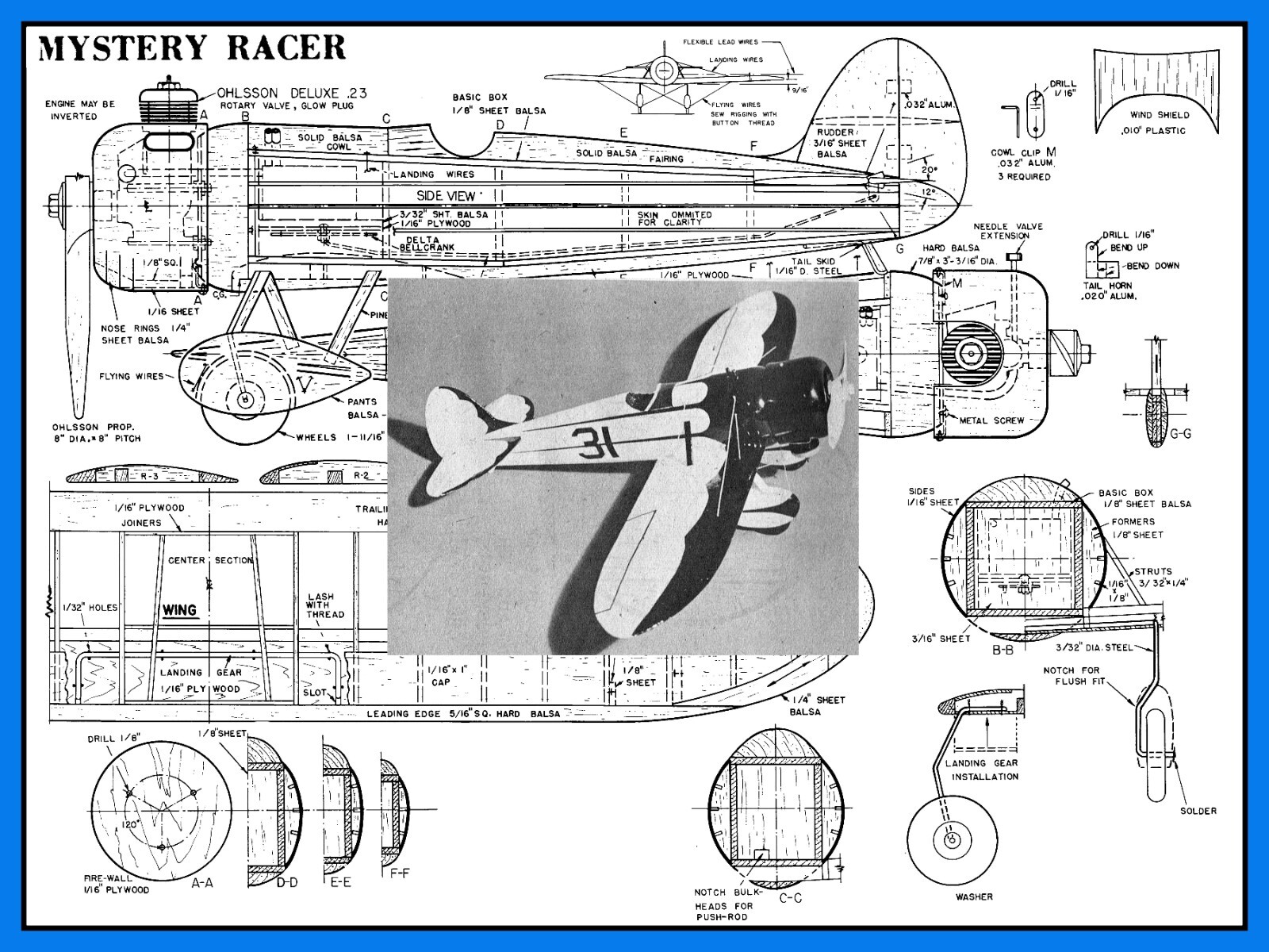 Model Airplane Plans (UC): Mystery Racer 25" 7/8"=1' Scale for .23 Engine