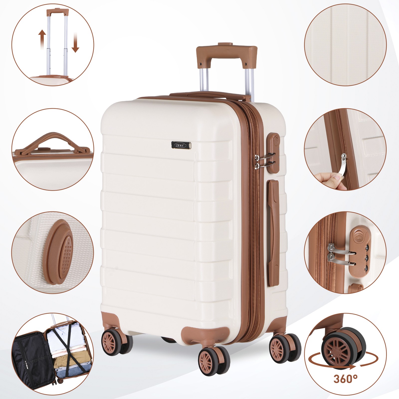 Hardside Carry Luggage Carry-On Suitcase with Spinner Wheels Camping 22" White
