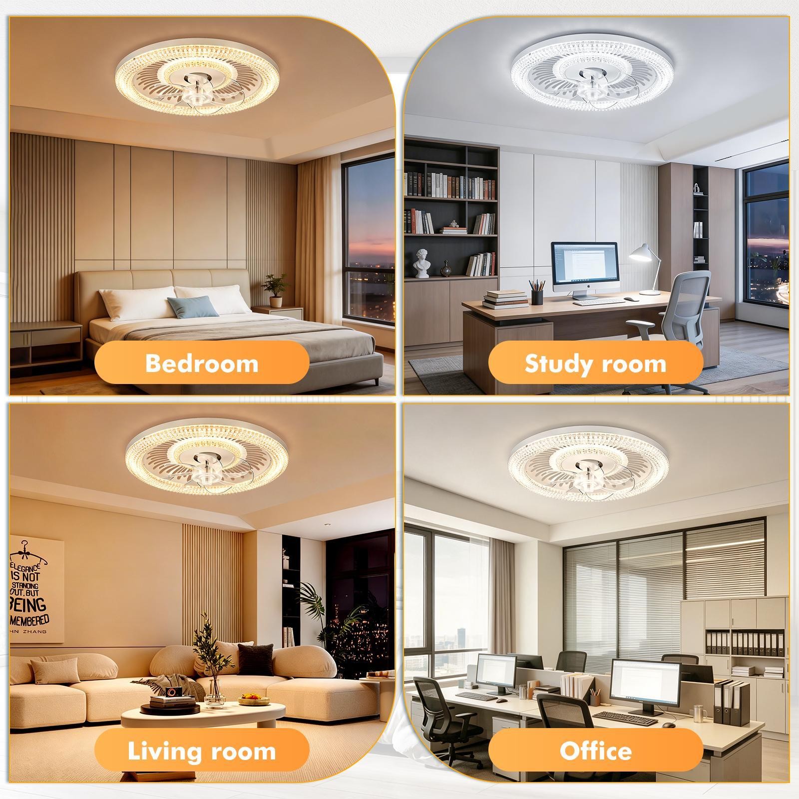 19" Ceiling Fan Light White Flush Mount LED Fixture With Remote APP Control Kit