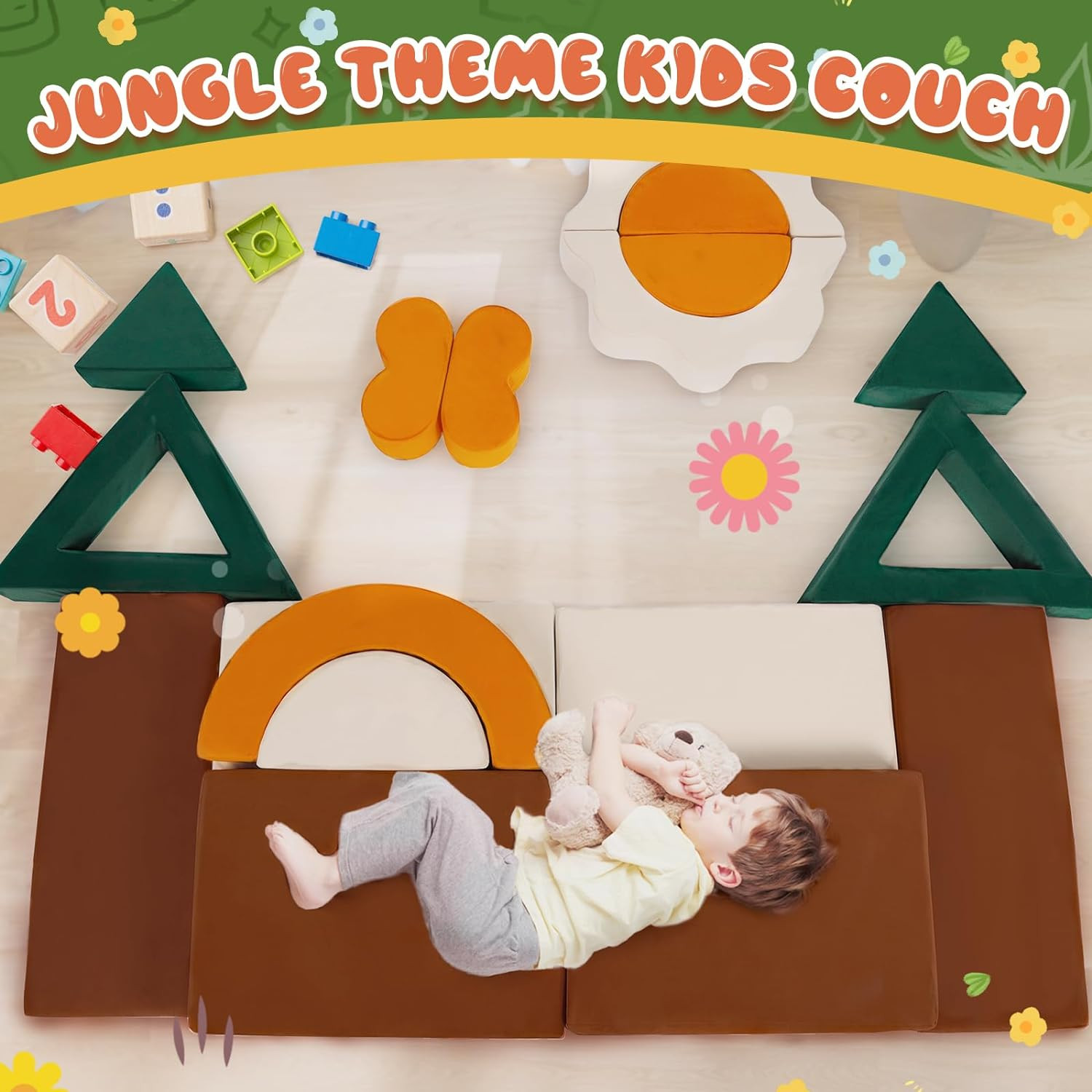 Jungle Theme 18PCS Modular Kids Play Couch - Fun Convertible Sofa for Playtime