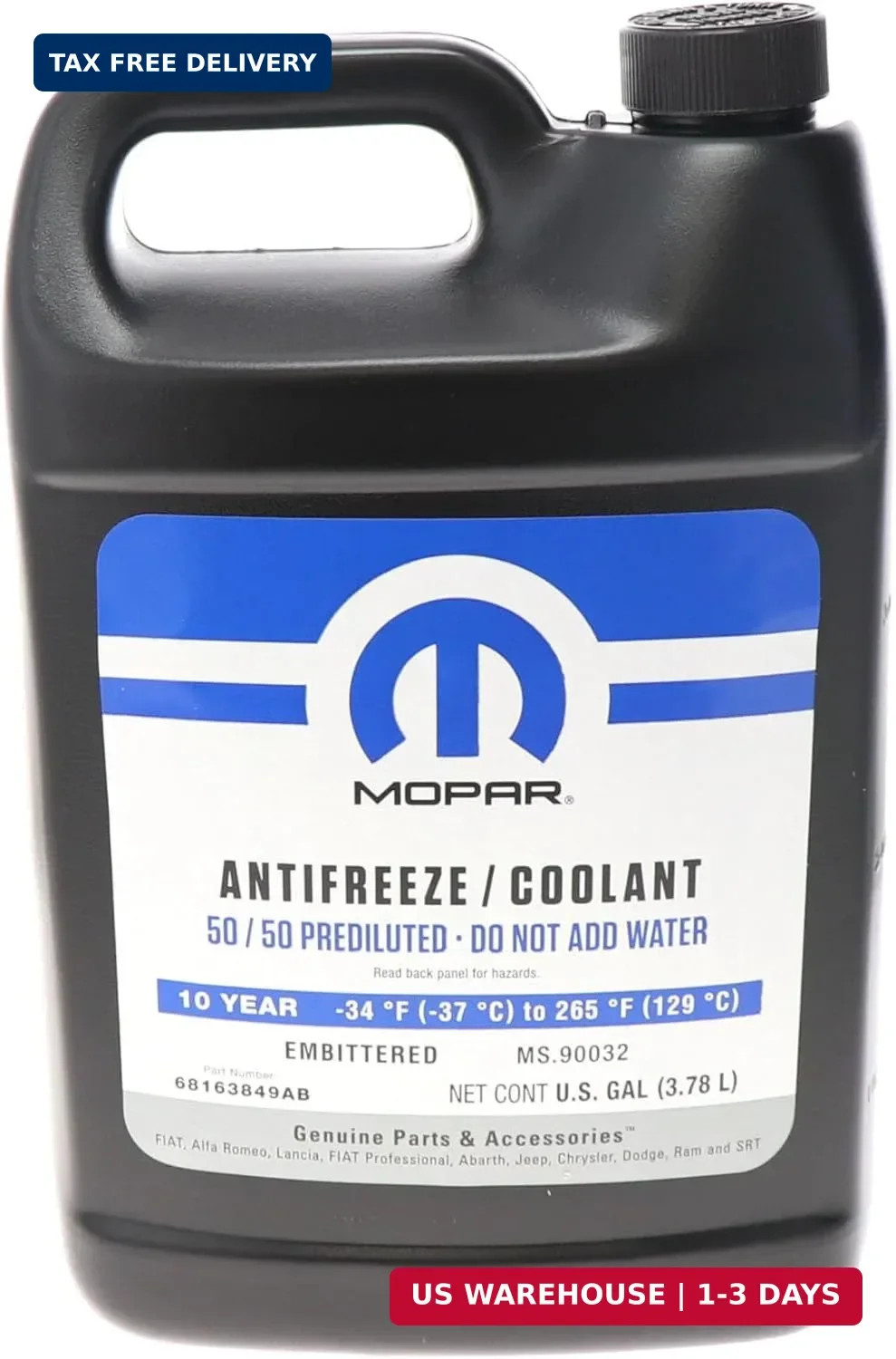 Mopar 68163849AB 10 Year/150,000 Mile Coolant 50/50 Premixed - Embittered, 1 Gal