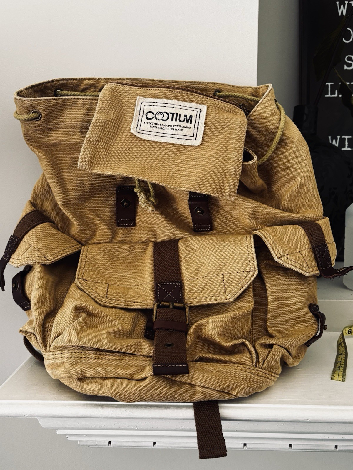 GOOTIUM Large Canvas Drawstring Backpack Beige/Brown Buckle Flap