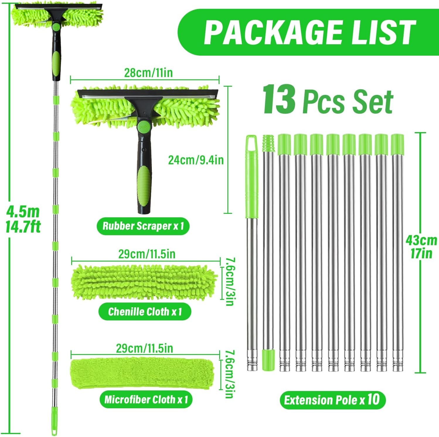 Adjustable Telescopic Window Cleaner Pole with 2 Pads & Squeegee 10-Seg