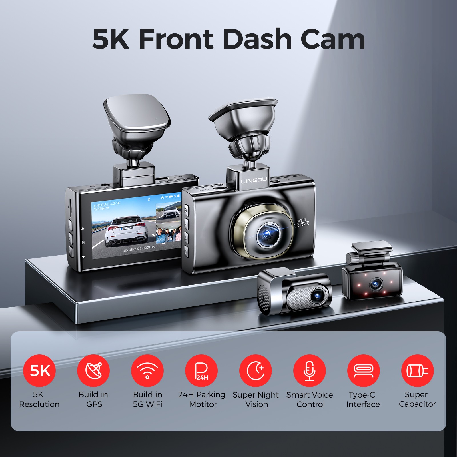 5K 3-Channel Dash Cam Front+Rear+Cabin Dash Camera WiFi&GPS 24H Parking G-Sensor