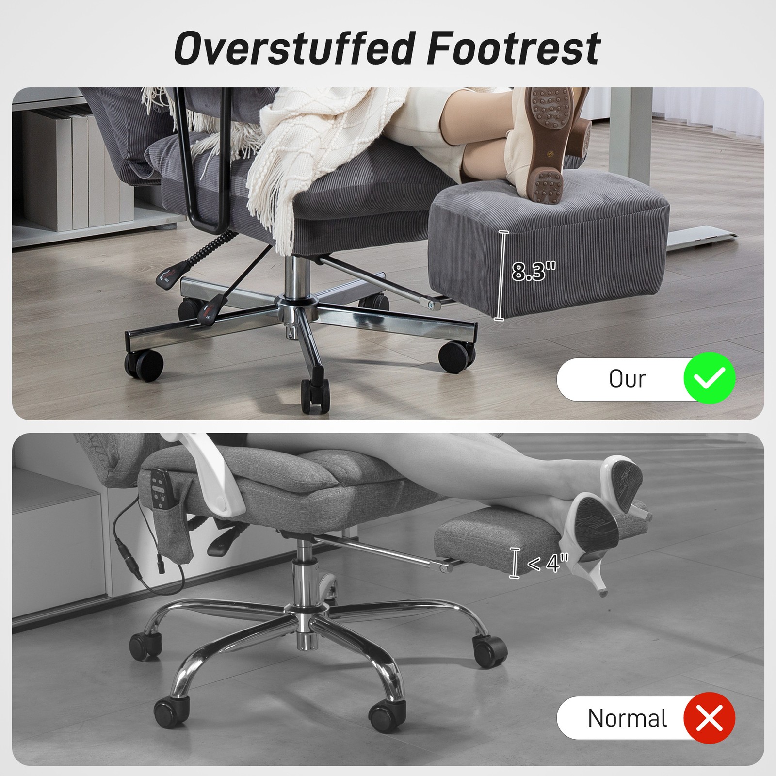 HOMCOM Large Office Chair, Reclining Desk Chair with Lumbar Support, Gray