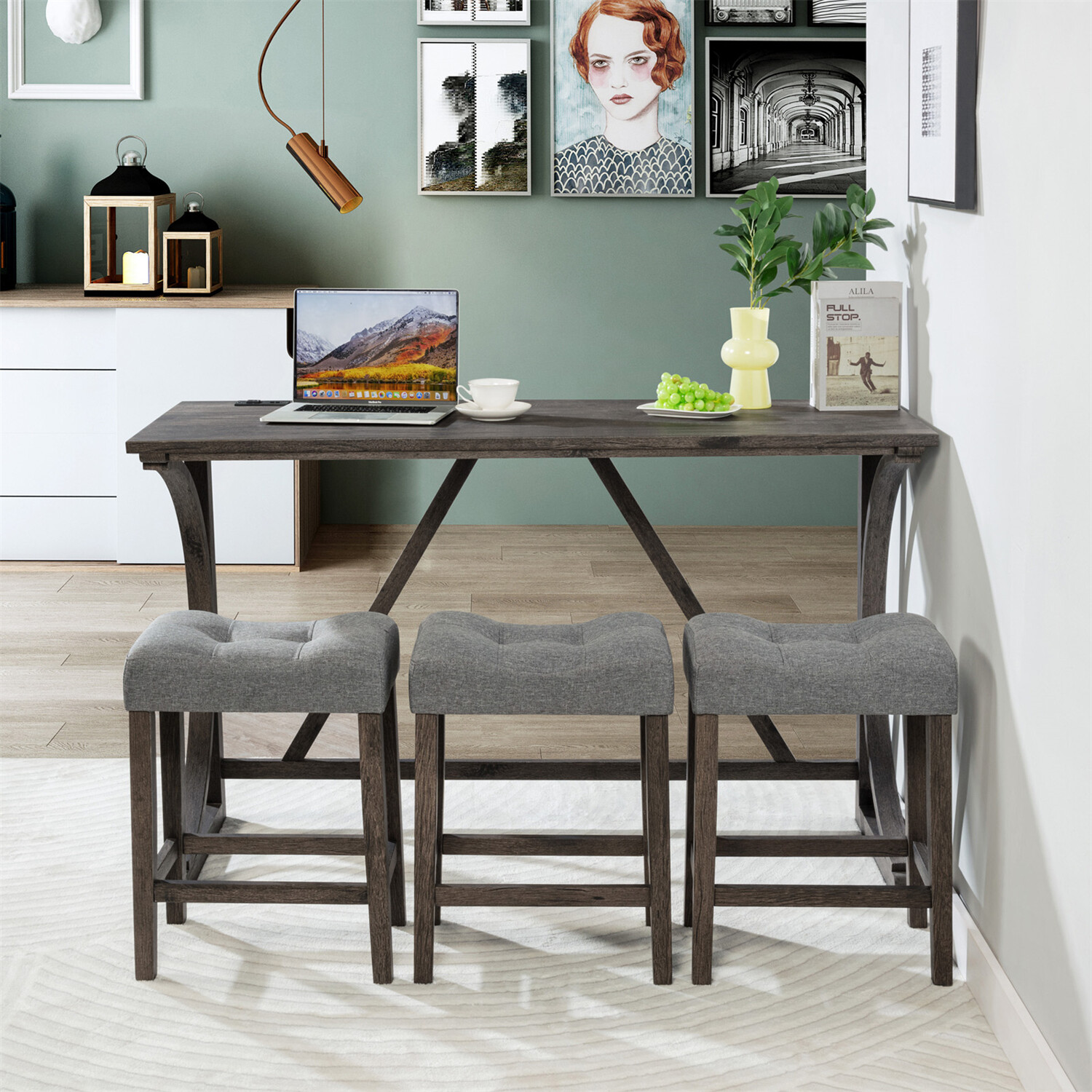 4 Piece Bar Table Set Counter Height Kitchen Dining Table w/ 3 Upholstered Stool