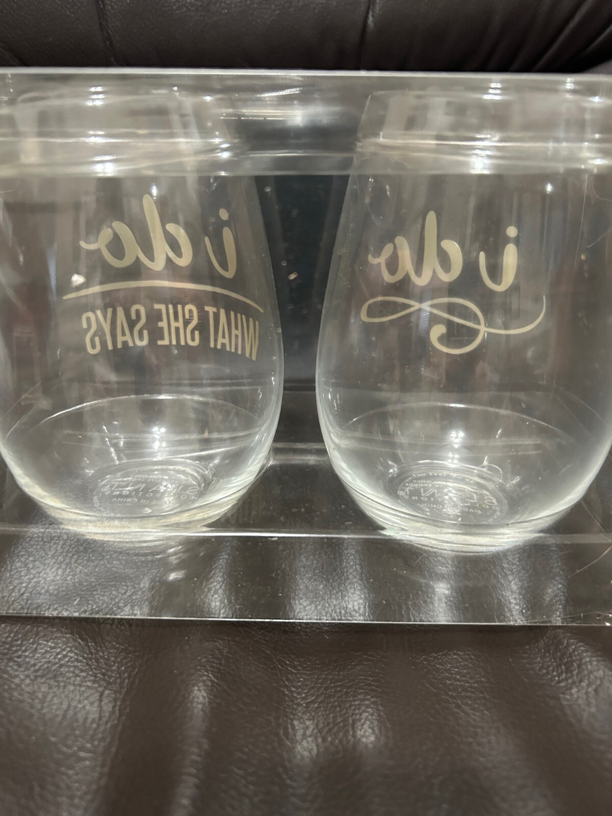 Slant Collections I Do/ What She Says Stemless Wine Glasses Set Brand New
